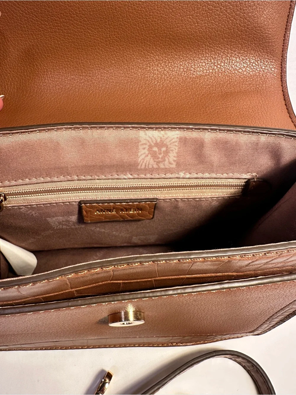 Anne Klein Croc-Embossed Top Handle Satchel in Tan with Gold Ring